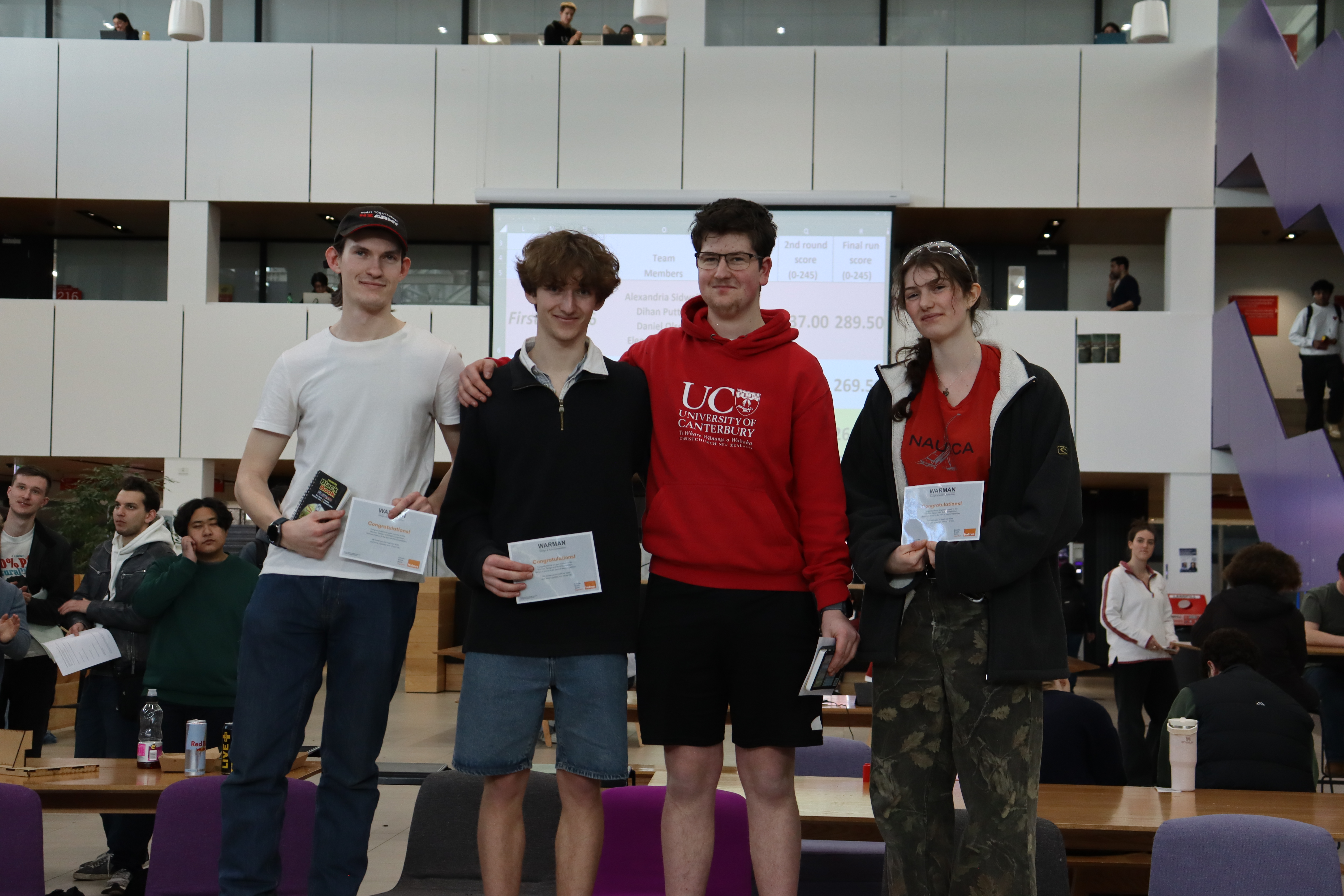 Overall second place for the University of Canterbury Warman Design and Build Competition. Sean, Luca, James, Amy.