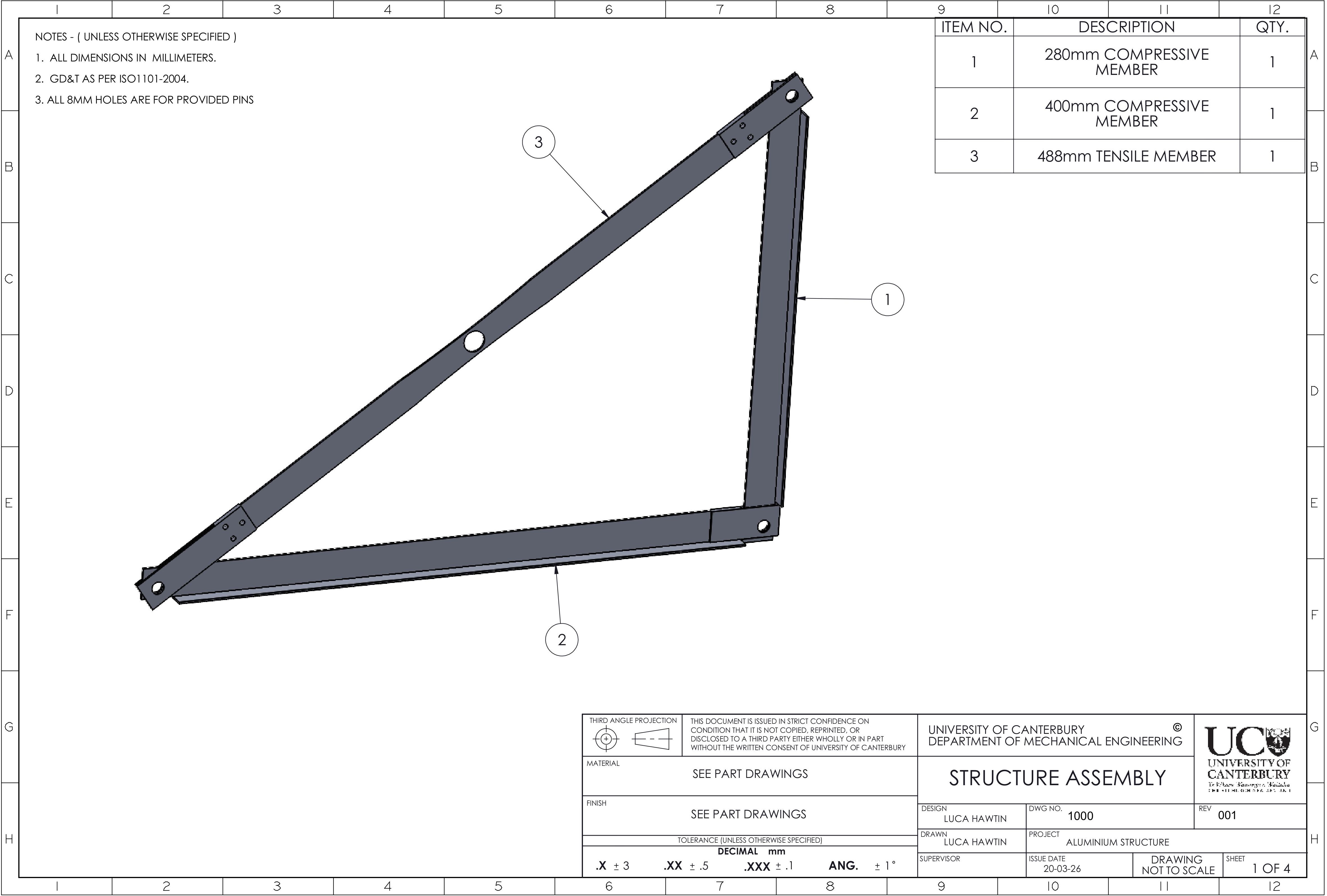 CAD drawing of the aluminium structure, showing all components and their placement.