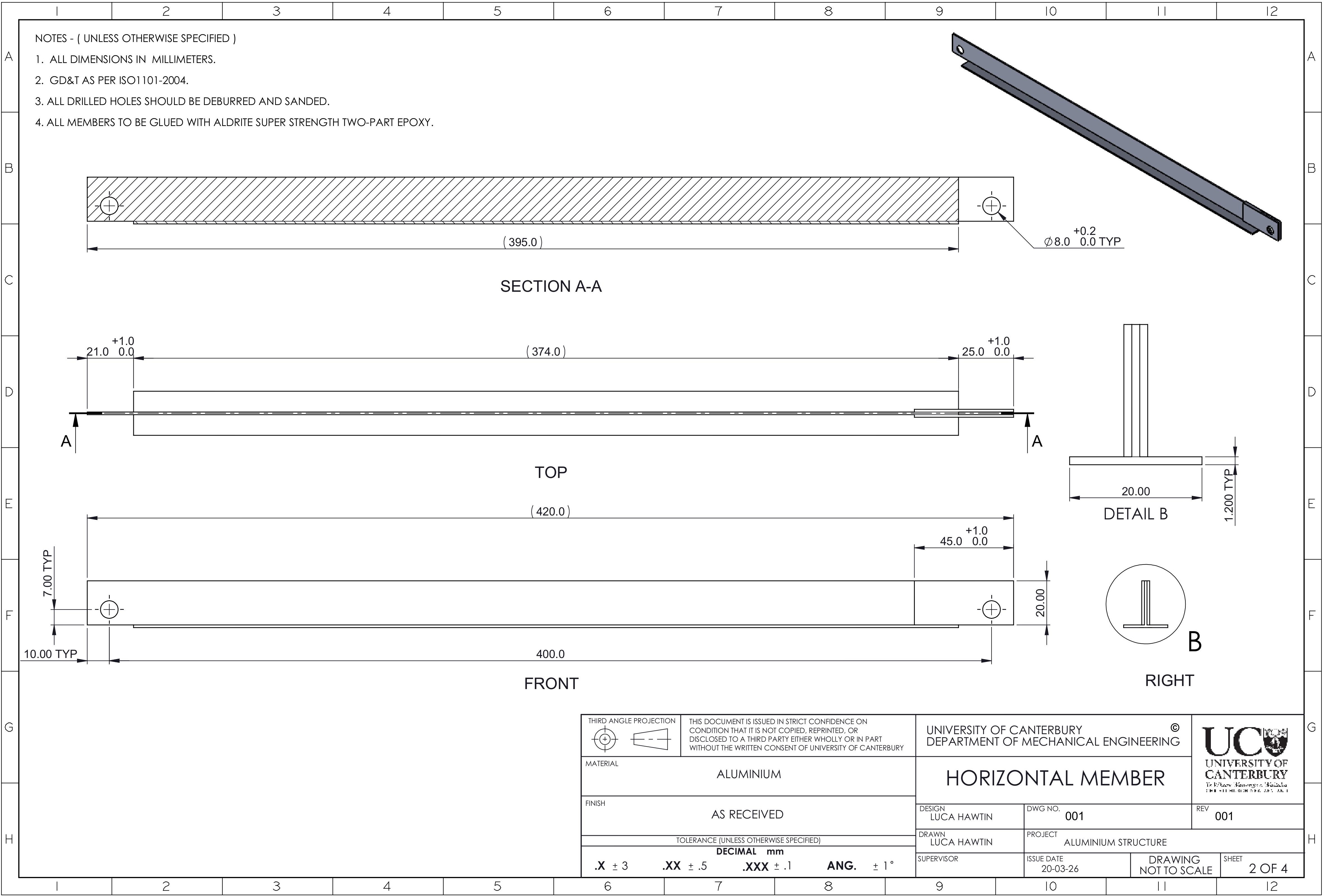 CAD drawing of the aluminium structure, showing all components and their placement.