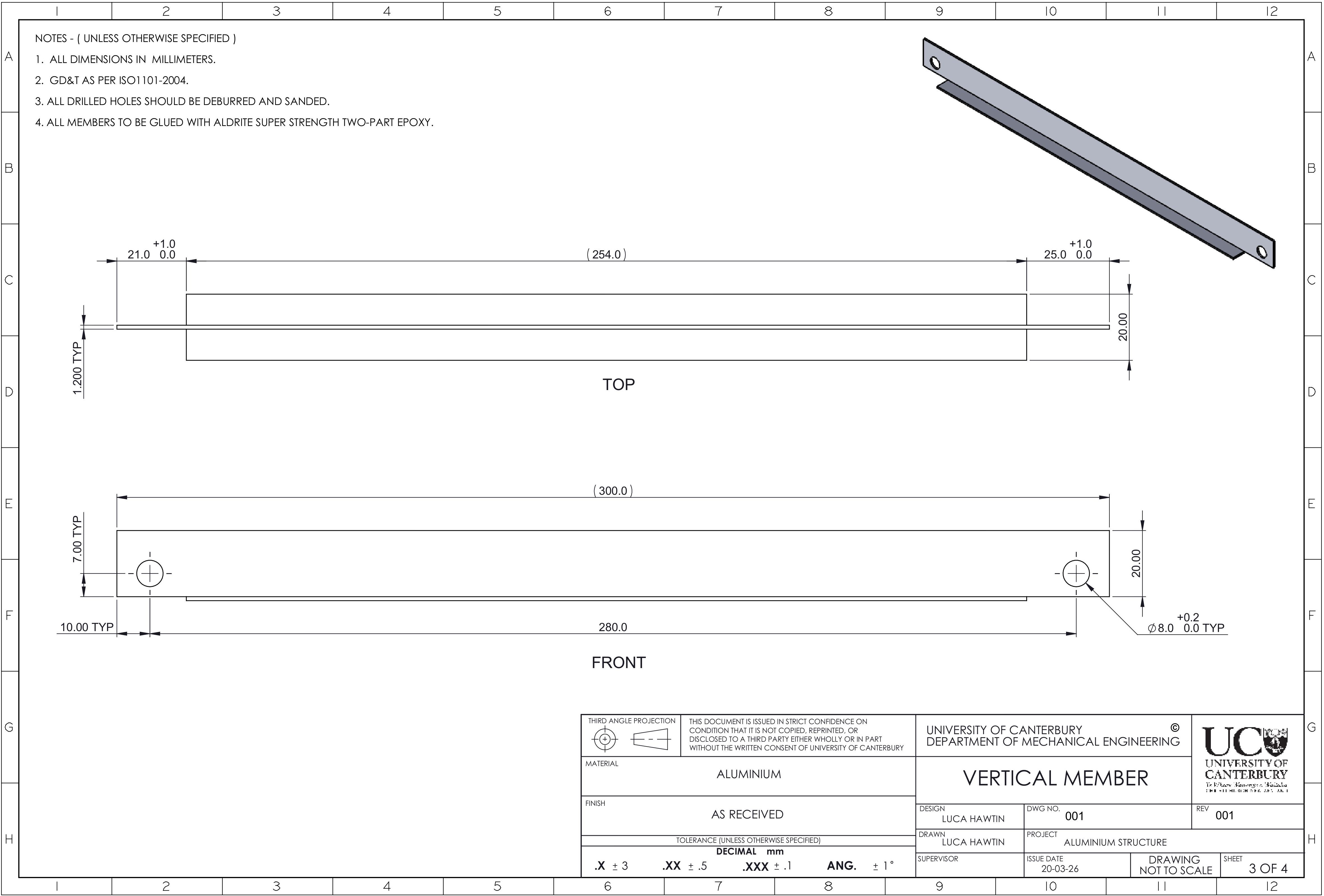 CAD drawing of the aluminium structure, showing all components and their placement.