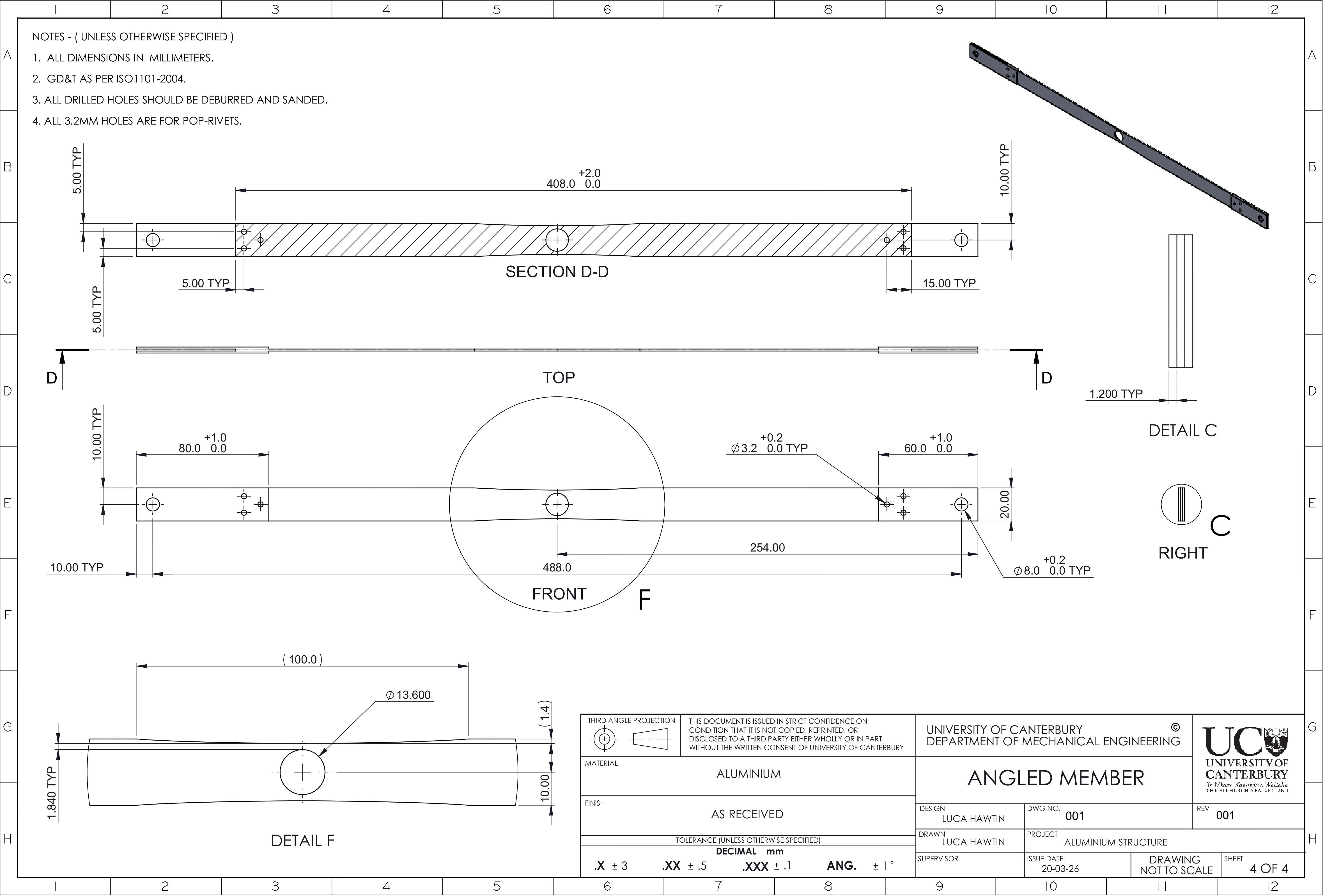 CAD drawing of the aluminium structure, showing all components and their placement.