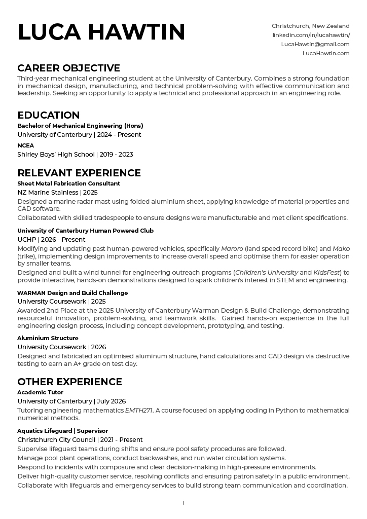 Résumé page 1 — career objective, education, and experience.
