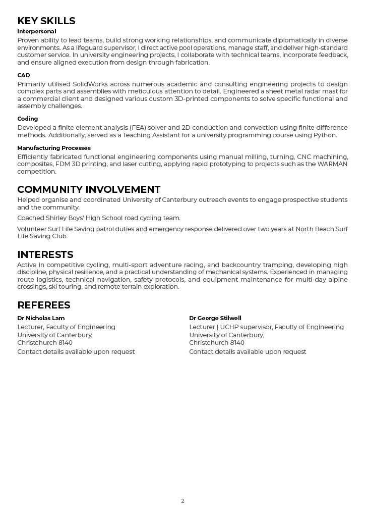Résumé page 2 — key skills, community involvement, interests, and referees.